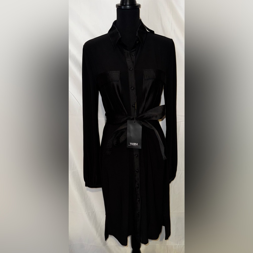 WHBM LS MJ Shirtdress with Satin Button Down Belted MIDI